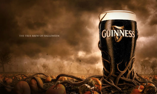 Bière Guinness dans un champs de citrouille pour Halloween